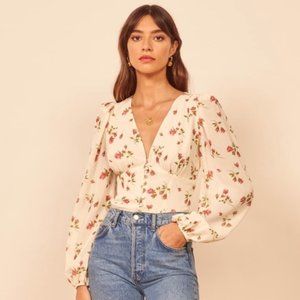 Reformation Santino Floral Long Sleeve Button Top